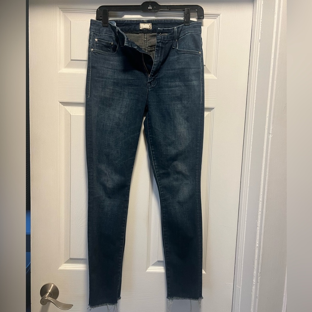 Mother High Waisted Looker Ankle Fray Jeans, Dark Blue Denim, Size 26